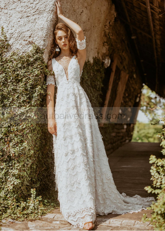 Ivory Boho Lace Wedding Dress With Detachable Sleeve